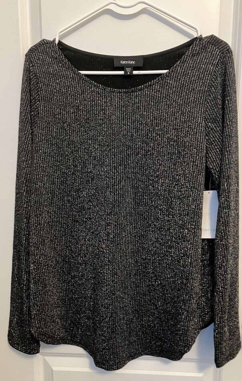 Karen Kane Top Black Silver Metallic long sleeve blouse size Medium new Party